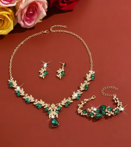 Set Corona Tiara Collar Aros Pulsera Verde Dorado Fiestas 15