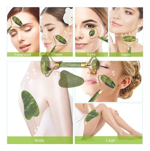 Set Gua Sha Y Rodillo Facial Dsenfurn Piedra Jade Verde