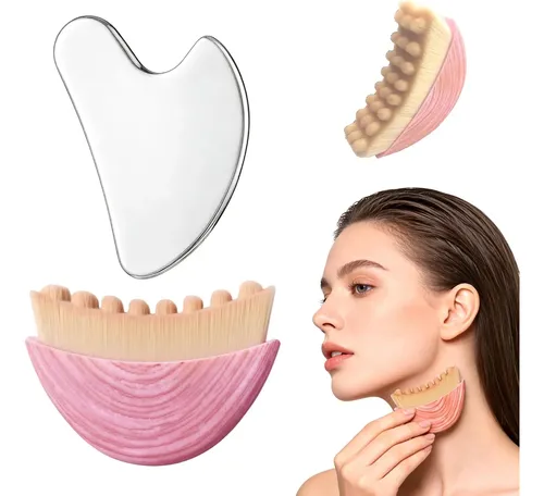 Set Masajeador Facial Gua Sha Acero Y Cepillo Drenaje