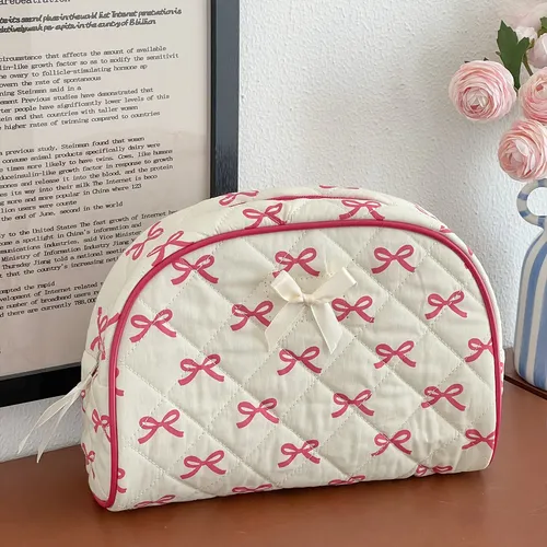 Bolsa De Maquillaje Acolchada De Algodón Con Bonito Lazo, 2 Rosa