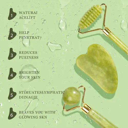 Set 3 Piezas Masaje Jade Rodillo Y Gua Sha Facial