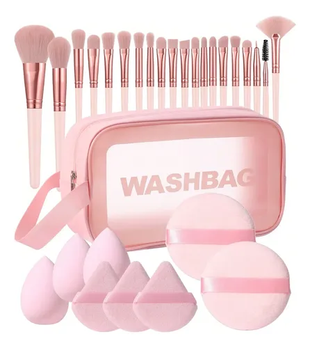 Set Brochas Y Esponjas De Maquillaje Con Cosmetiquera Rosa