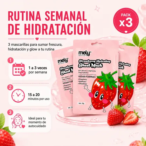 Kit X3 Mascarillas Faciales Mely Frutilla Hidratantes 25g