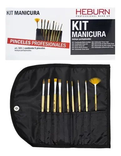 Kit Heburn 9 Pinceles Manicuría Decoración Uñas Profesional Estuche
