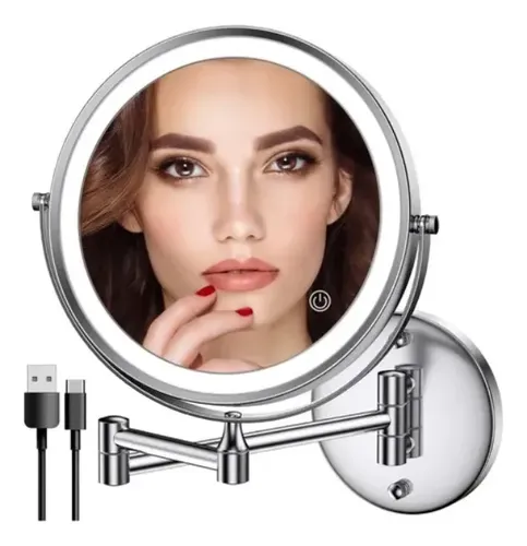 Espejo De Vanidad 8in C/luz Led Retráctil 2 Cara Aumento 10x