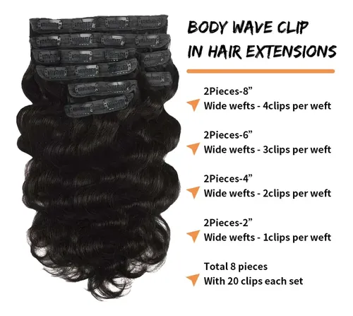 Extension De Cabello Natural Ondulado 55cm, 8 Piezas, Negro