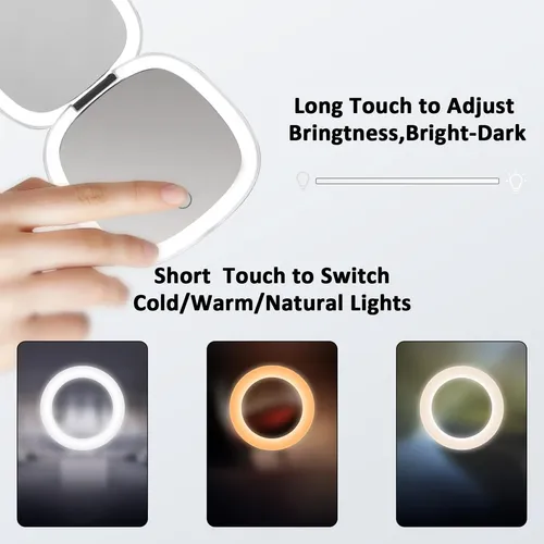 Espejo De Maquillaje De Viaje Con Luz Led, Aumento De Blanco Blanco