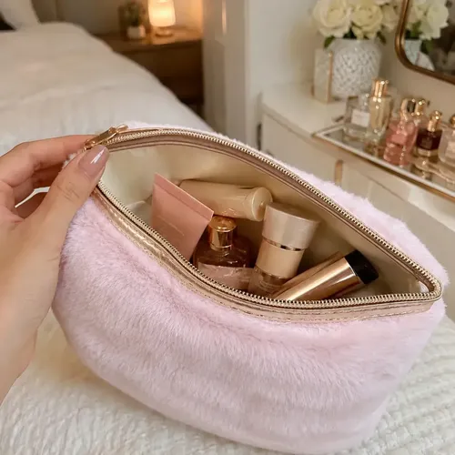 Neceser Porta Maquillaje Estilo Soft Plush Rosa Organizador Maquillaje Cosméticos Accesorios Objetos Personales Viajes