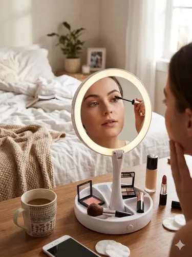 Espejo De Maquillaje Circular Con Luz Led Plegable Con Pie