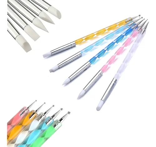Kit 5 Pinceles Doble Punta Goma Silicona Y Dotting Punteros