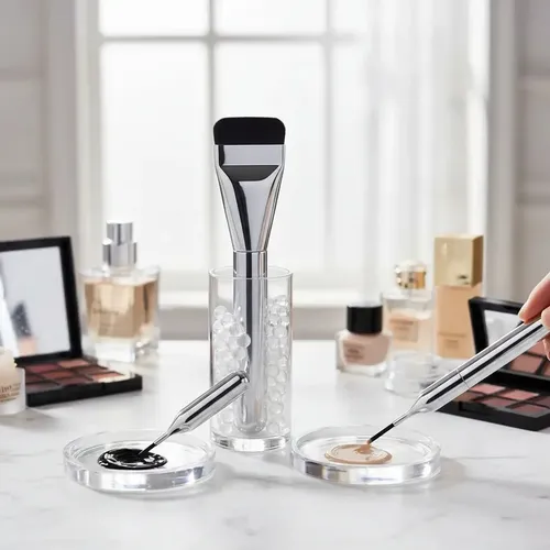 Brocha Plana Para Base De Maquillaje + 2 Esponjas Plateado