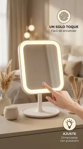Espejo Mtl De Mesa Rectangular Con Luz Led Portátil Diseño Moderno Minimalista Blanco Maquillaje Profesional Cuidado Personal Tocador Dormitorio Baño Iluminación Natural Precisa Elegante Compacto