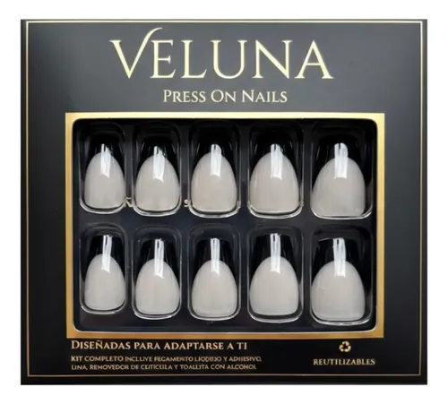 Uñas Press On Veluna – Soft Gel Premium – Francesitas Clásicas 30u Cuadradas – Nude Con Negro