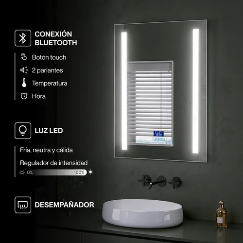 Espejo Bluetooth Luz Led Desempañador Baño Rectangular 80×60