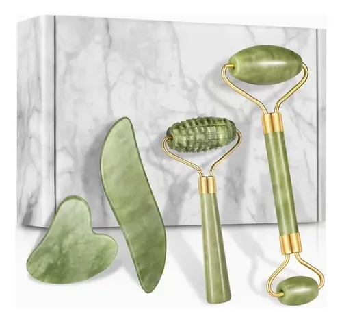 Set De 4 Rodillos Faciales Y Gua Sha, Facial Con Piedras Nat