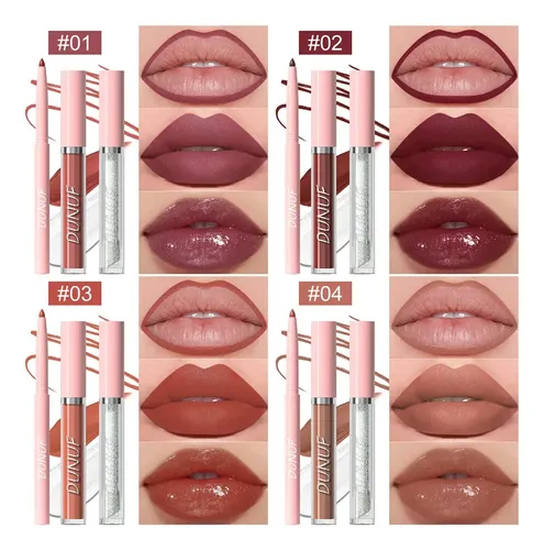 Set Labial 3 En 1 Dunuf Delineador Líquido Y Brillo