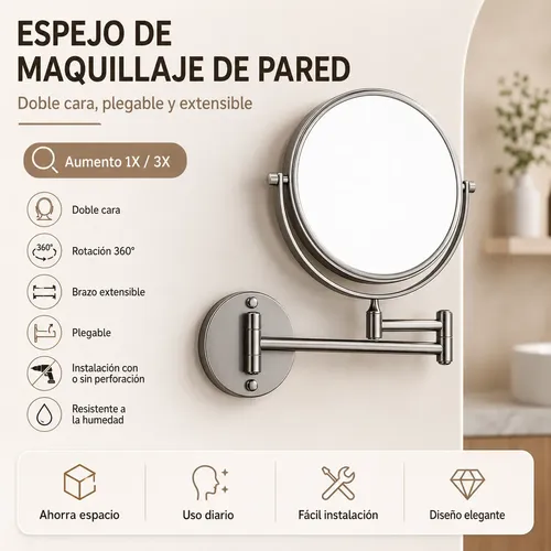 Espejo De Maquillaje Pared Plegable Extensible Y Aumento