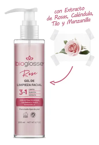 Gel limpieza facial Bioglosse extracto de rosas para todo tipo de piel 200ml