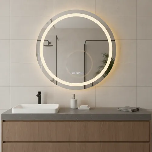 Espejo Baño Luz Led Redondo Desempañador Hora Temp 80 Cm