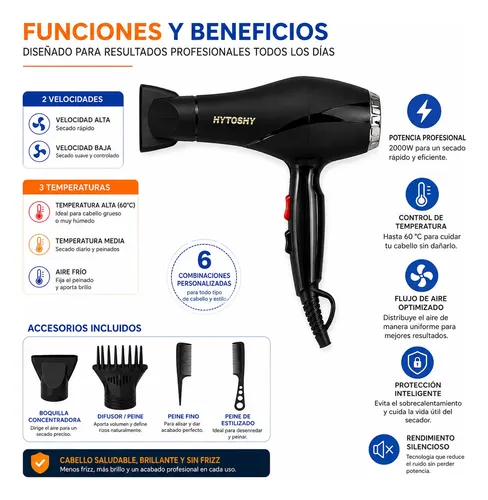 Secador De Pelo Profesional 2000w 5 En 1 Hytoshy