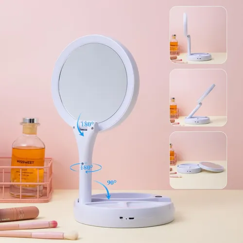 Espejo Doble Plegable Portátil Luz Led Cosmeticos Recargable