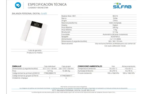 Balanza Personal Digital Vidrio Silfab Be214 Glaze 200 Kg