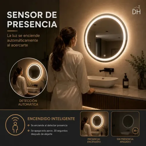 Espejo Inteligente Redondo Luz Led 60cm Sensor Presencia Dec Luz Cálida