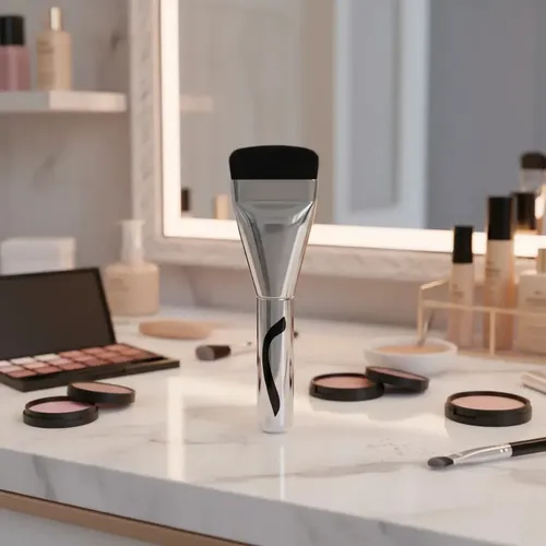 Brocha Plana Para Base De Maquillaje + 2 Esponjas Plateado