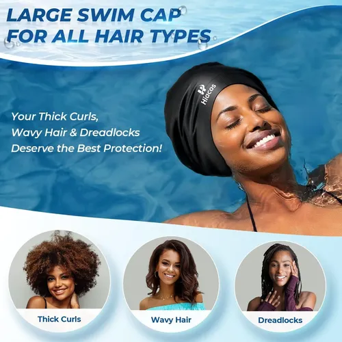 Gorro De Natación Hiacos Para Cabello Largo, Negro E Imperme