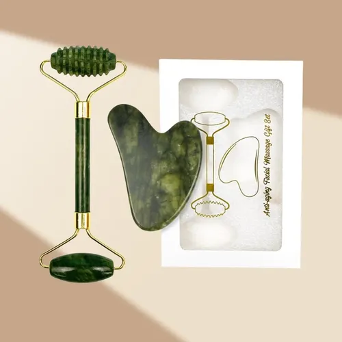 Set Rodillo Y Gua Sha Cuarzo Negro Para Masaje Facial