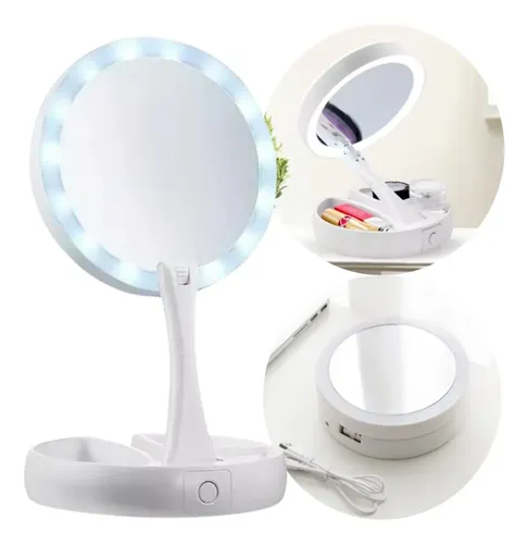 Espejo Redondo Plegable Luz Led Usb Aumento Maquillaje Marco Blanco