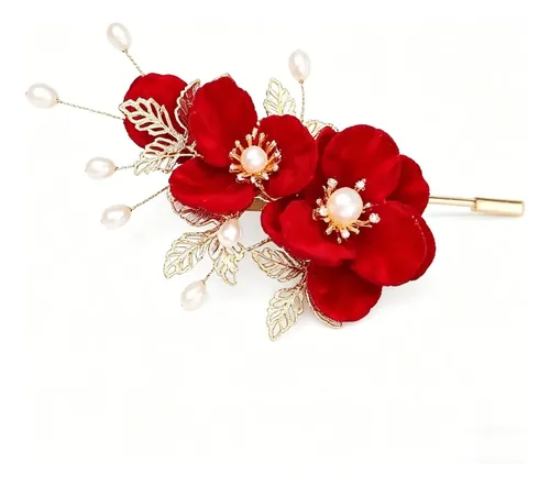 Horquilla De Flor De Terciopelo Rojo Antiguo Con Perlas