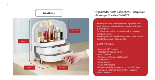 Organizador de Maquillaje Ecoco Grande con 2 Cajones y Resistente al Agua Blanco