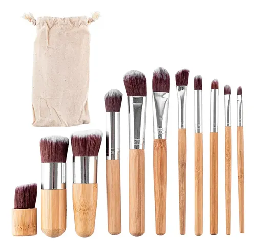 Kit 11 Brochas Maquillaje Mango De Bambú Con Estuche Marrón