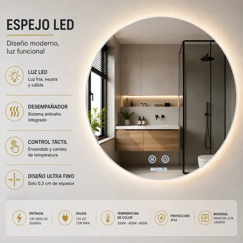 Espejo Baño Led Tactil 60cm Desempañador Luz Fría Cálida Cct