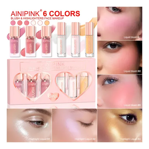 Set Ainipink 6 Tubos Rubores Líquidos + Iluminadores