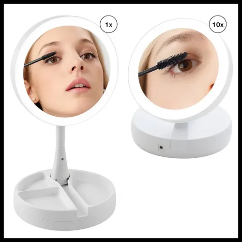 Espejo Maquillaje Dinax 10x Led Fría Plegable Usb Pilas Redondo 12.5cm