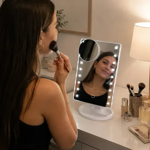 Espejo Maquillaje Led Con Luz Espejo Cosmético Funciona USB Pilas Incluye Cable Carga Mini Espejo Desmontable con Aumento