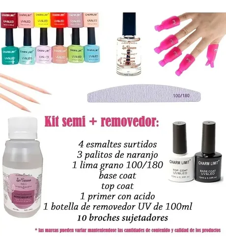 Kit Esmaltes Semipermanenetes Removedor Uv Base Top Lima