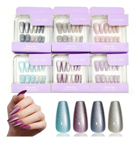 Uñas Postizas Gel Press On Ojo Gato Cat Eye City Girl Coffin