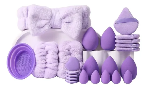 Set 19 Esponjas Maquillaje Y Pomos Triangulares Con Vinchas Purple Grande