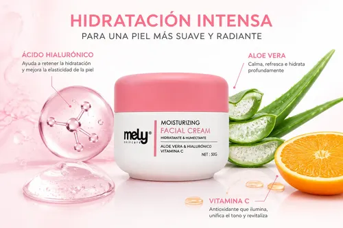 Crema Facial Hidratante Mely Acido Hialuronico Aloe Vera 50g