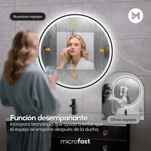 Espejo Redondo con Luz LED para Baño de 60 cm, Anti-Fog y Marco Negro