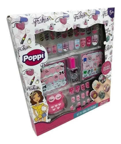 Set Uñas Postizas Decoracion Pintura Infantil Nena Poppi C