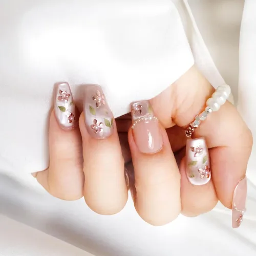 [glors] Uñas Postizas Press On Nude Rosa Con Foil Oro Rosa
