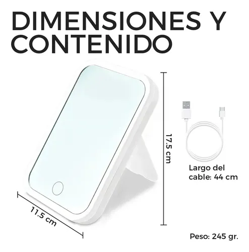 Espejo Led Táctil Recargable De Mesa 3 Niveles De Luz Blanco