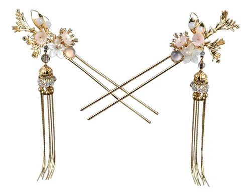 2x Horquilla China Antigua Con Colgante, Floral Hada Dorada Gold