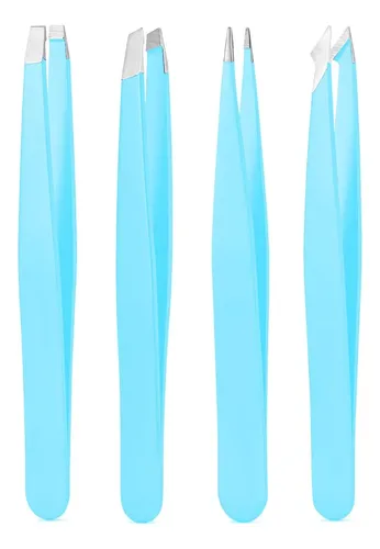 Set 4 Pinzas Acero Profesional Azul Cejas Vello Facial