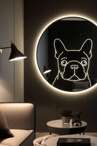 Espejo Led Bulldog Francés 50cm Luz Cálida Marco Negro