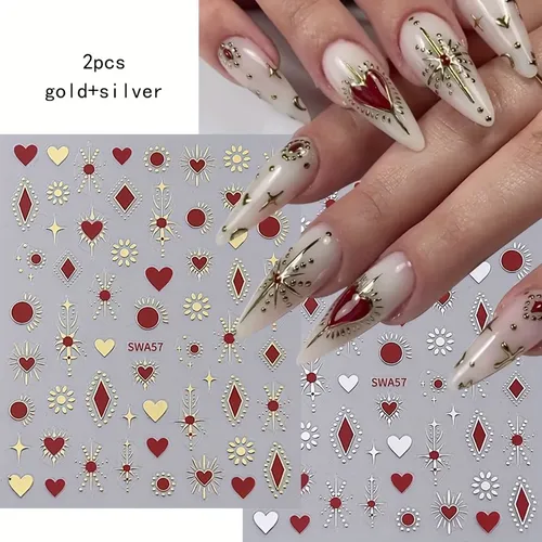 2 Hojas Calcomanías Para Uñas Diseño Corazones